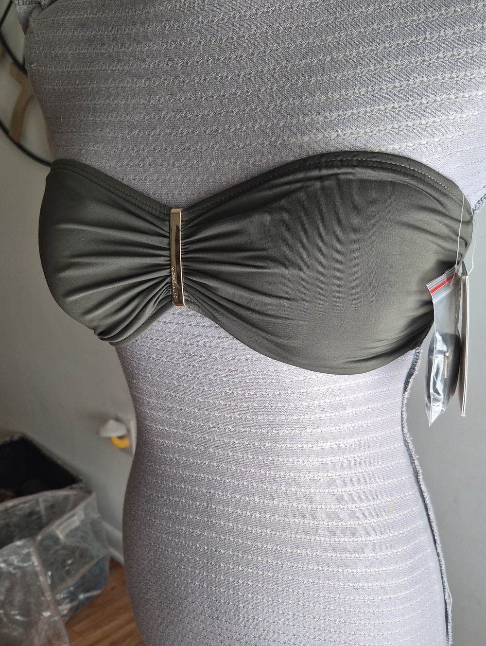 Michael Kors Army Green Bandeau Swim Top with Gold Trim -s-
